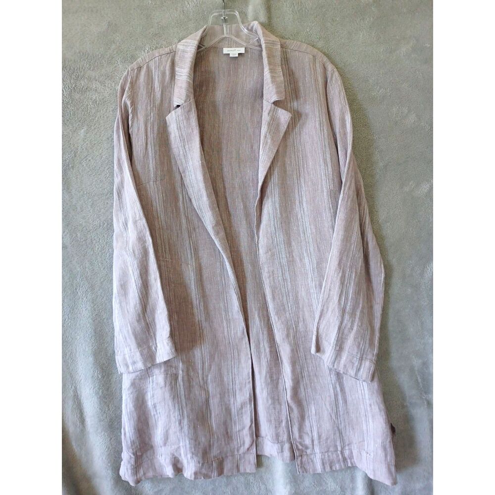Pure Jill Linen Striped Duster Jacket M Petite Gray Lagenlook Neutral Coastal
